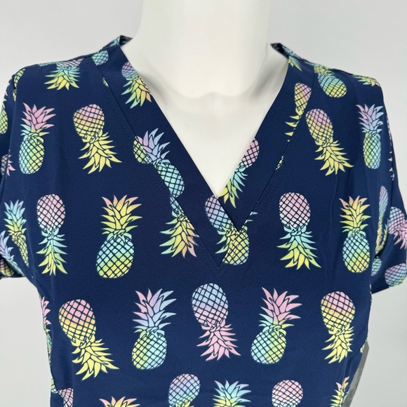 NWT Maevn navy multi color pineapple print scrub top - Picture 2 of 11